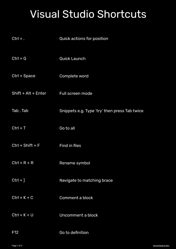 Visual Studio Shortcuts Cheat Sheet Dark - Page 1