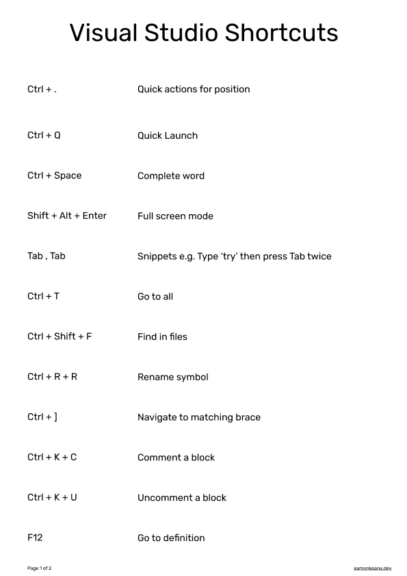 Visual Studio Shortcuts Cheat Sheet Light- Page 1