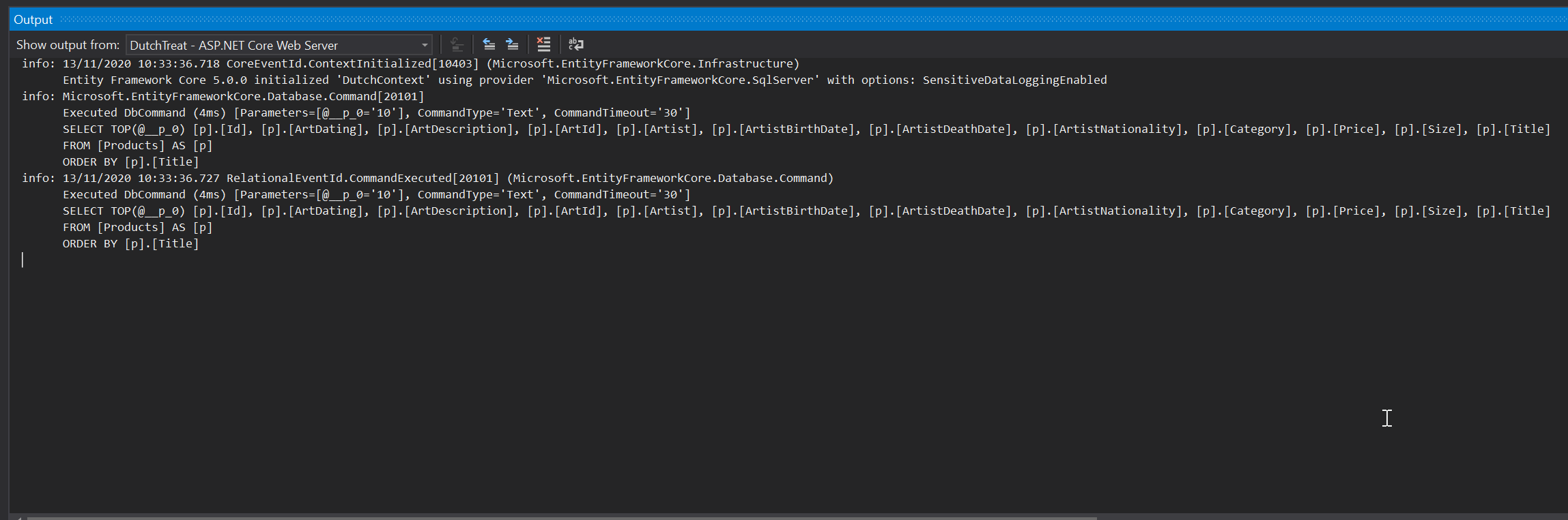 Output from the webserver showing the SQL generated by EF Core 5.